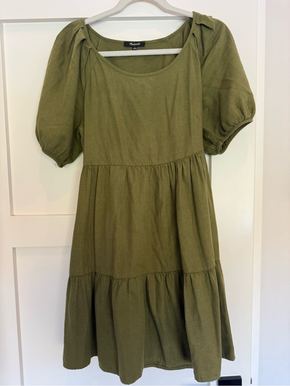 Madewell Olive Puff-Sleeve Tiered Midi Dress